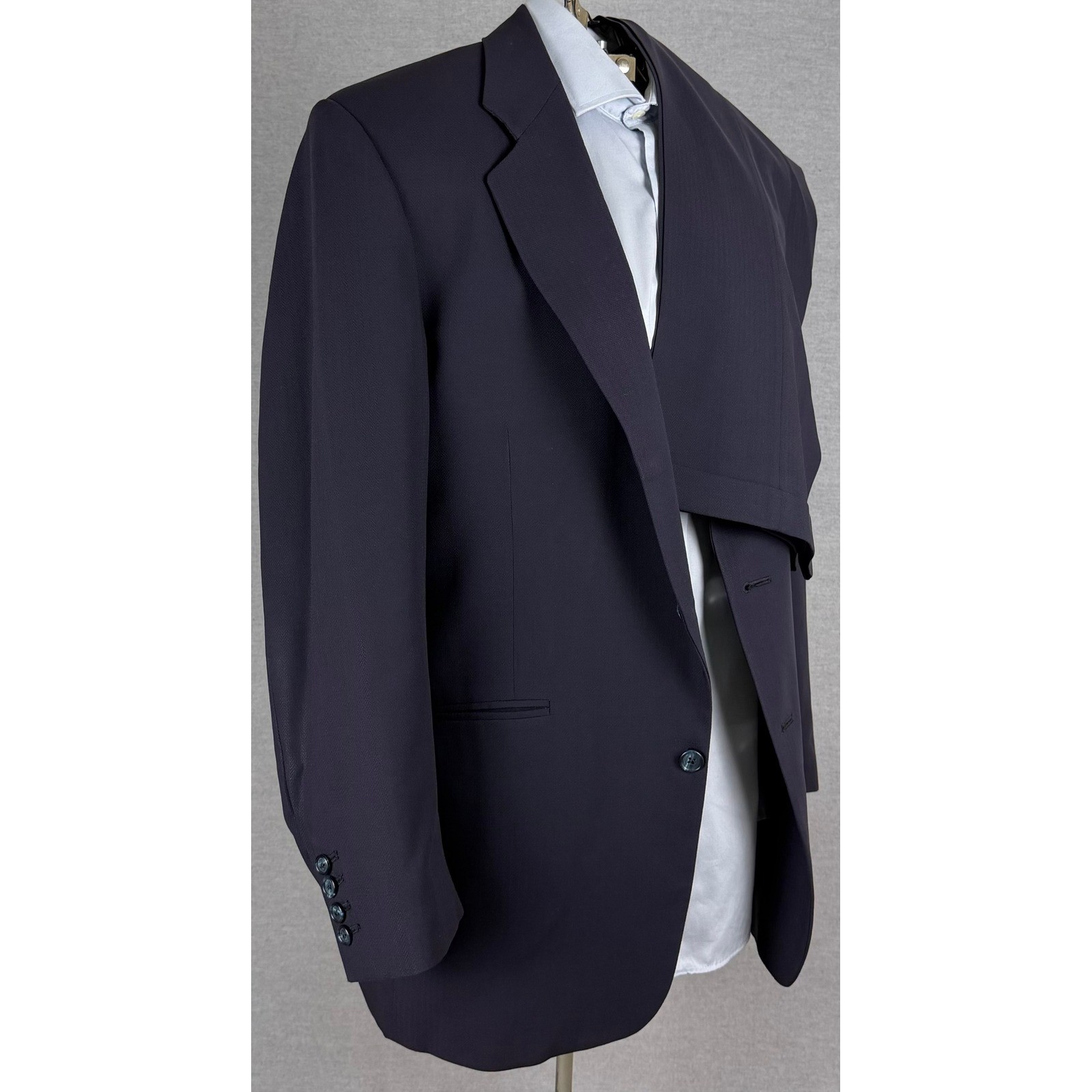 Vintage 60s S&G Clothing Navy Rayon Herringbone 2 Piece Suit 42L 35x31