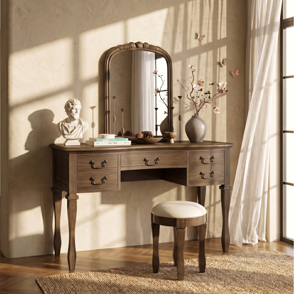 46" Vintage Makeup Vanity with Curved Flower Frame Mirror,Elegant Dressing Table