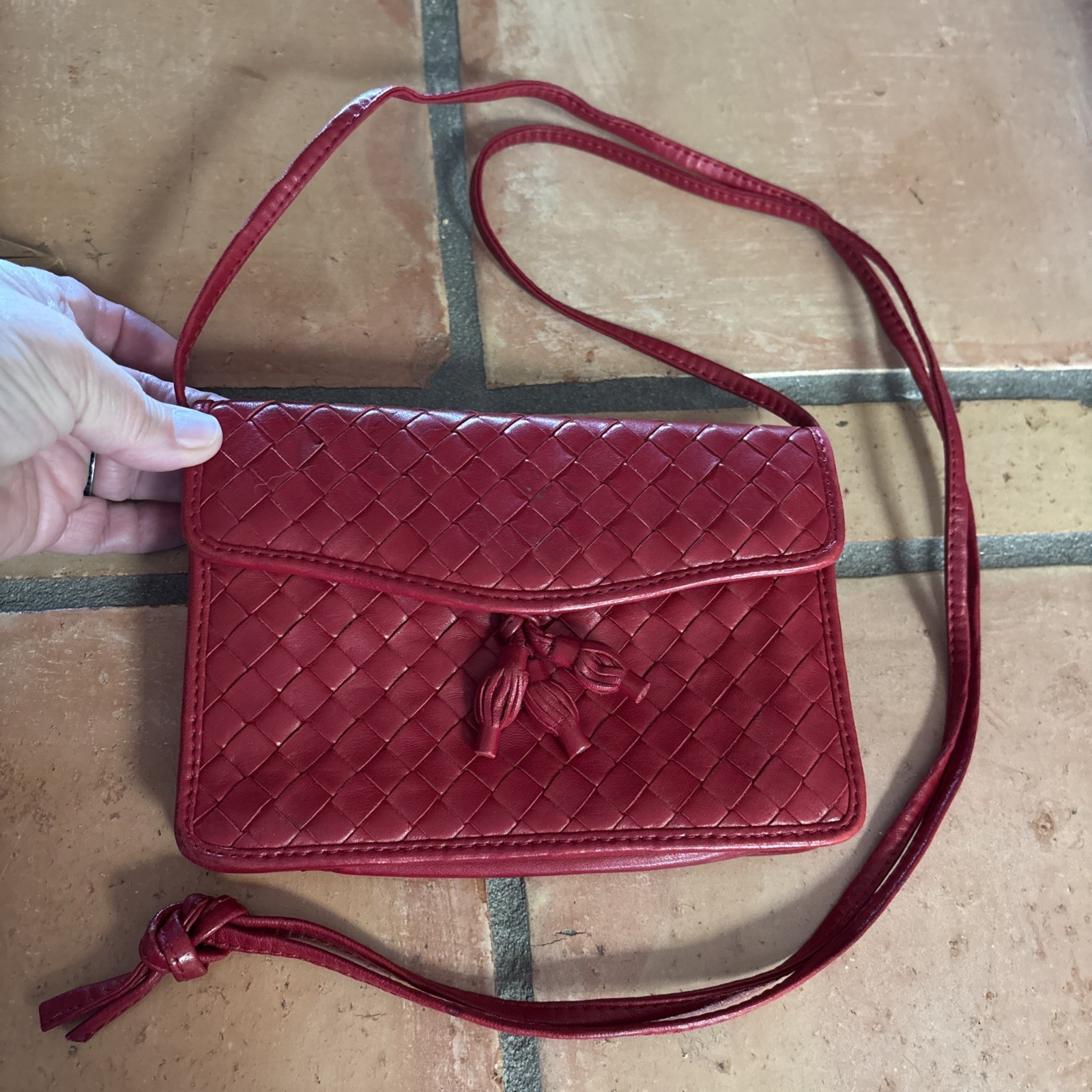 Vintage Bottega Veneta Intrecciato Red Leather Tassel Crossbody Bag - Supple
