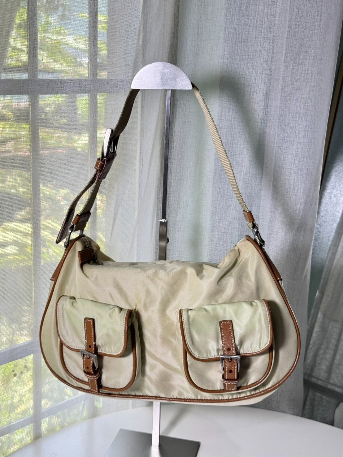 Authentic Prada Tessuto Nylon Shoulder Bag Beige Brown Leather Trim Vintage