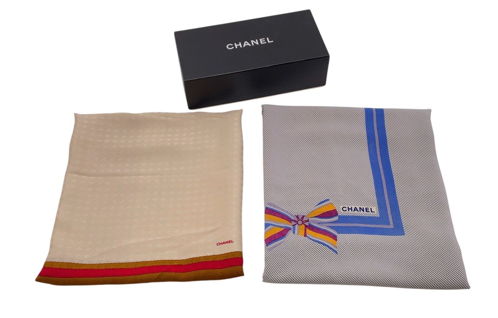 Auth Chanel Vintage Silk Scarf Beige Red &Gray Multicolor Set 2 Wbox i100102-1