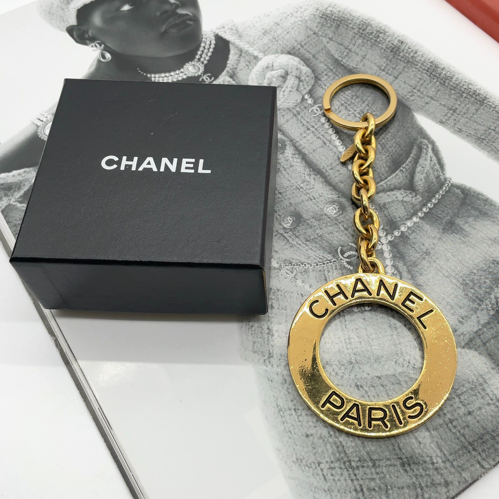 Auth Chanel Vintage Logo 2-6 Engraved Gold Key Ring W/Box IJO100074