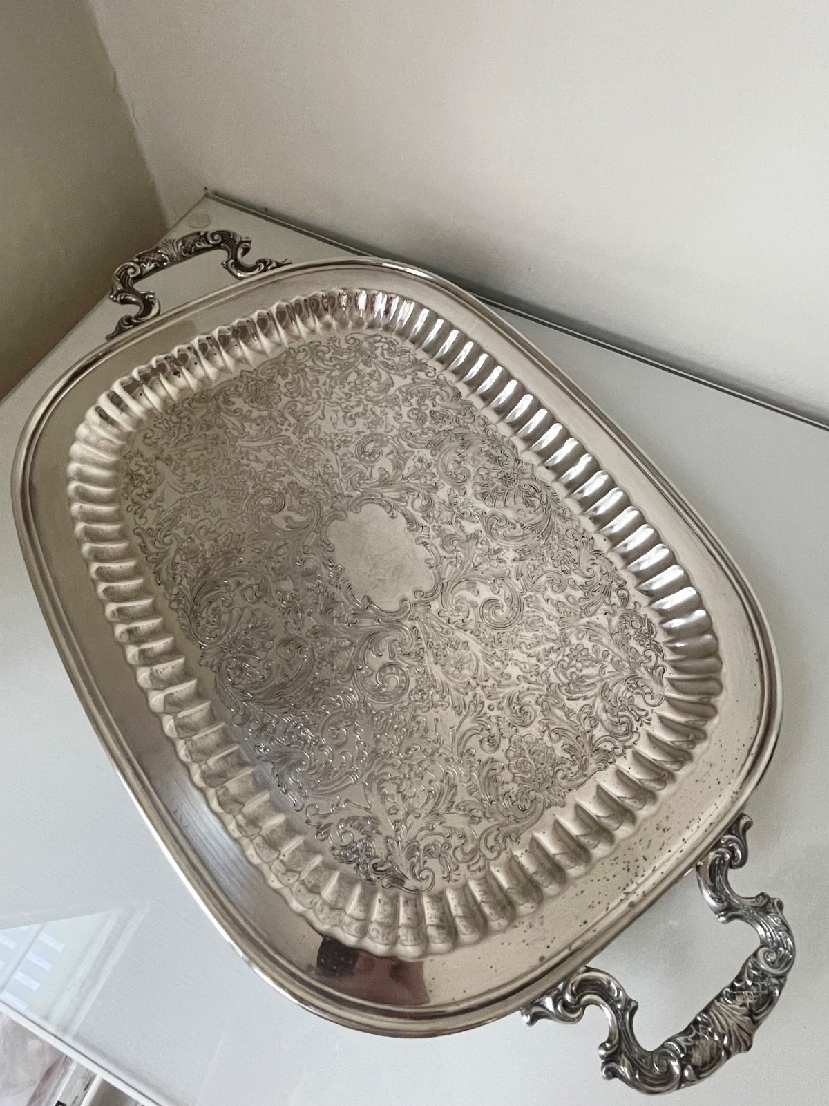 Vintage Silver Plate Leonard Footed Rectangle Serving Tray 22”x14”x2”