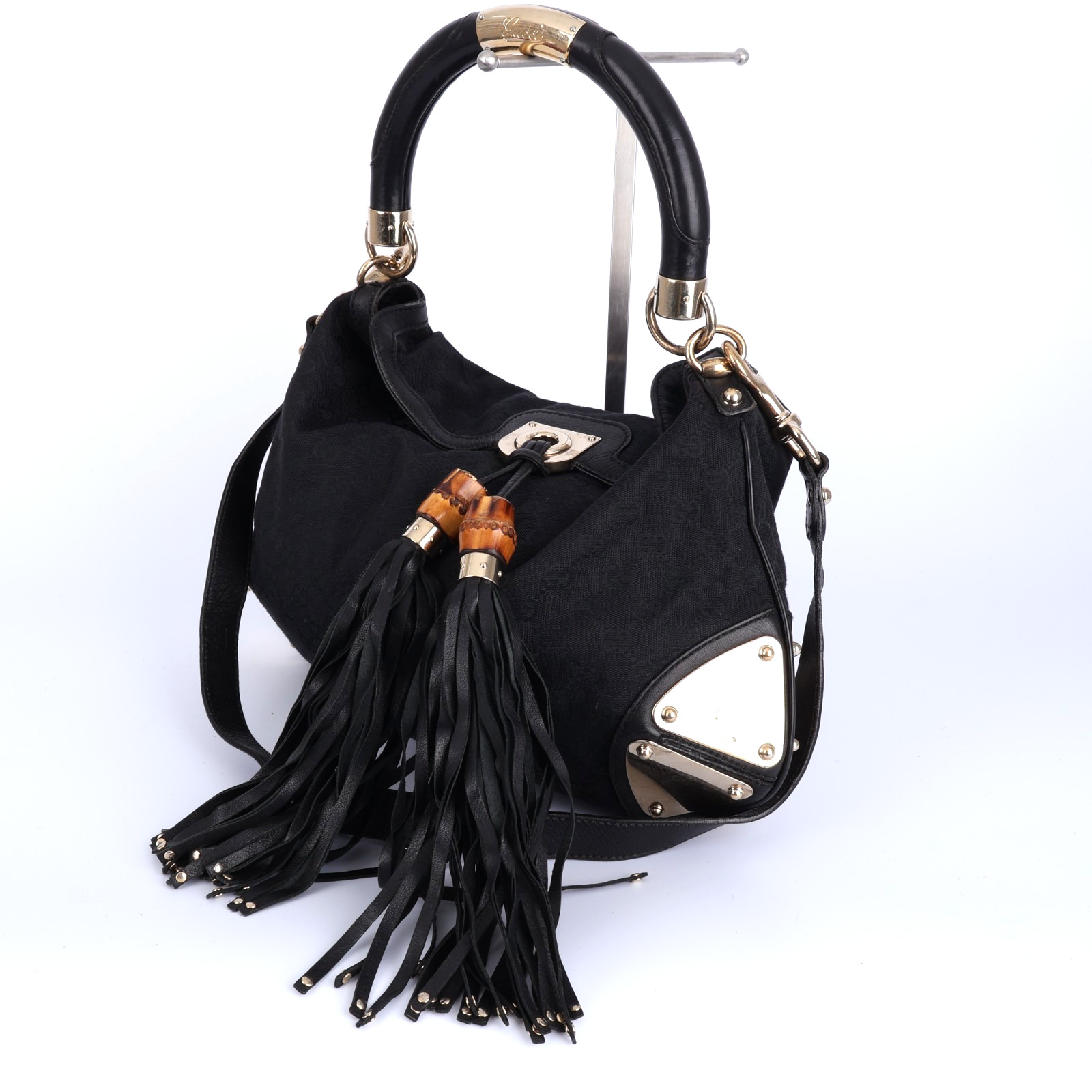 Gucci Indy Babouska Large Hobo Bag Black GG Canvas Bamboo Tassel Vintage Auth