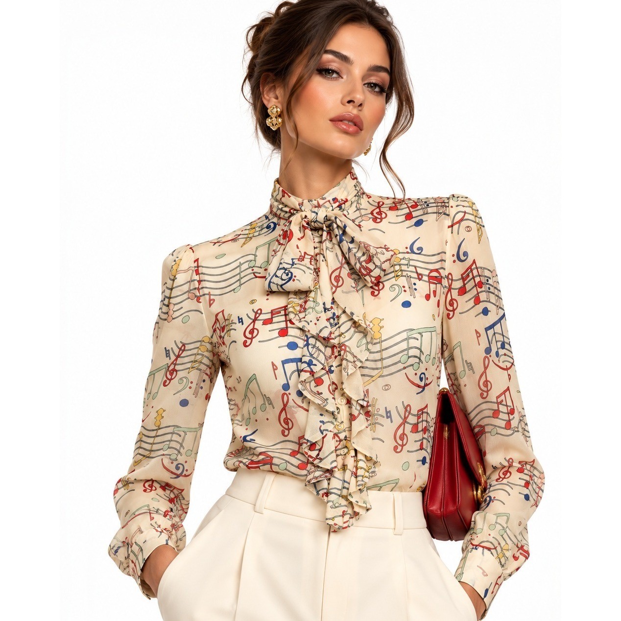 RED Valentino Silk Musical Note Print Ruffle Neck Bow Blouse Cream IT 40