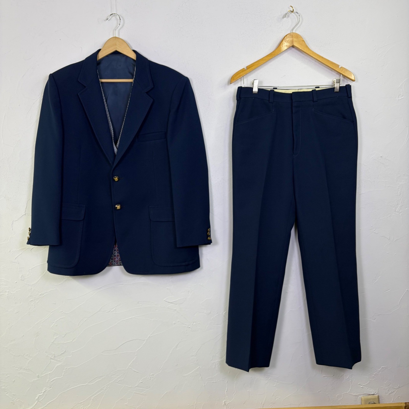 The Knack Mens Vintage 3-Piece Blazer Vest Trousers Suit 40R 30W Blue 70s Retro