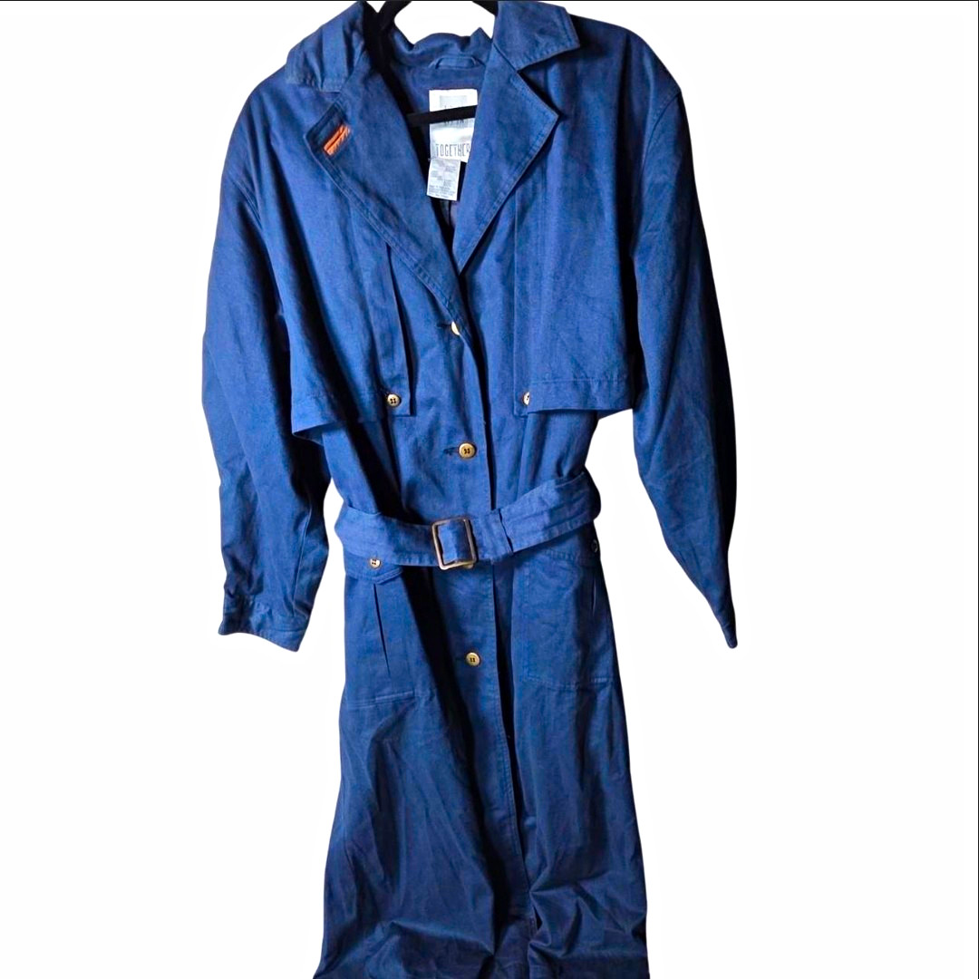 Vintage Together! Navy Blue Full Length Trench Coat Women's 12 Belted 90s