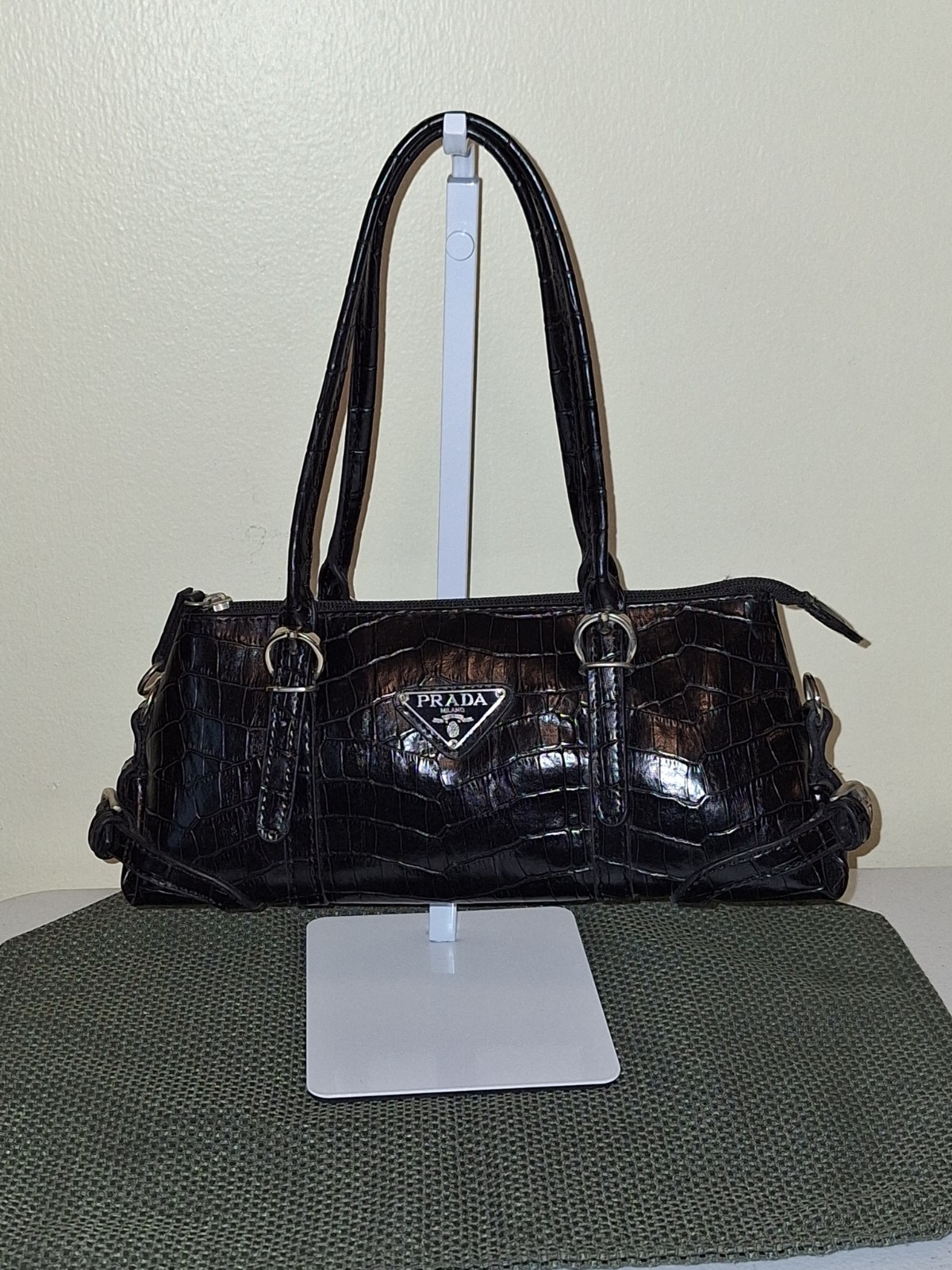 Vtg Prada Milano Dal 1913 Black Croc Texture Crossbody Shoulder Handbag