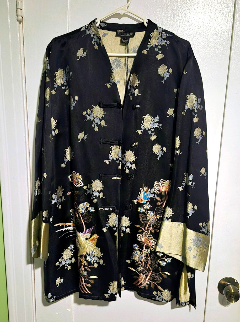 Vintage Citron Santa Monica 1x Silk Embroidered Asian-Inspired Kimono Robe