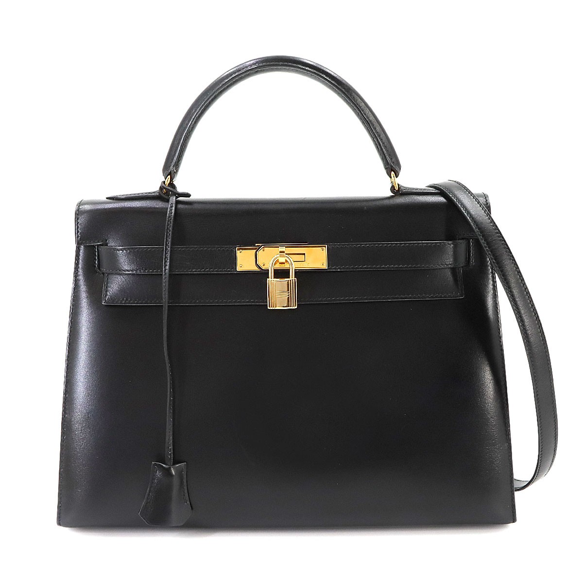 HERMES Kelly 32 Box calf Black Hand Shoulder Bag Vintage Purse 90344715