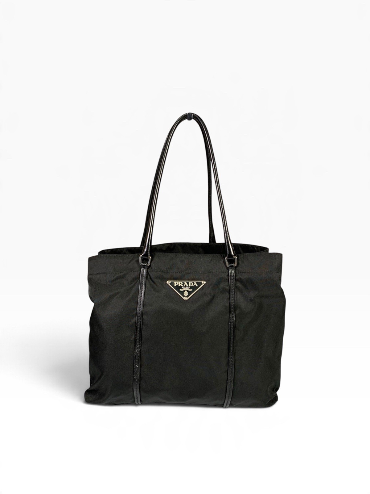PRADA Nylon Leather Tote Bag Black Triangle Logo Shoulder Bag Vintage Japan