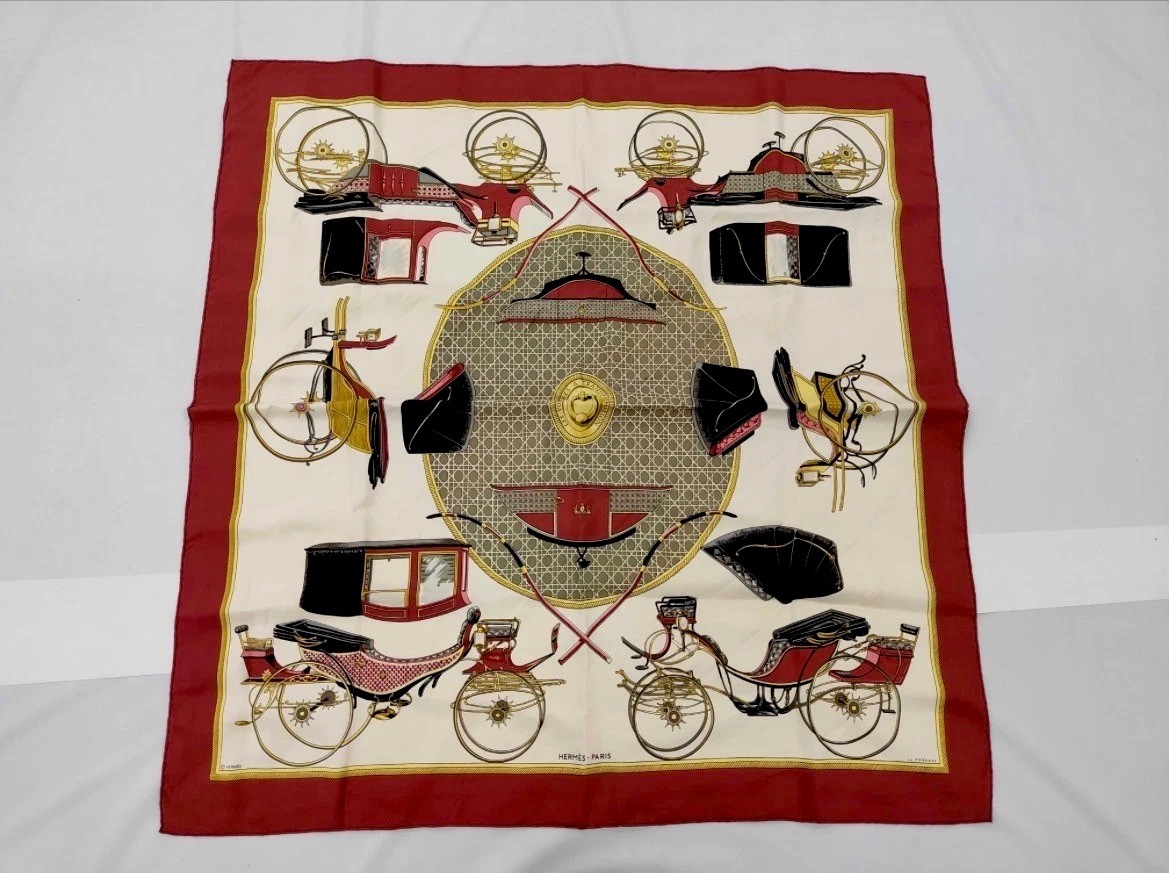 HERMES Carre 90 Les Voitures a Transformation Silk Scarf Burgundy Ivory Vintage