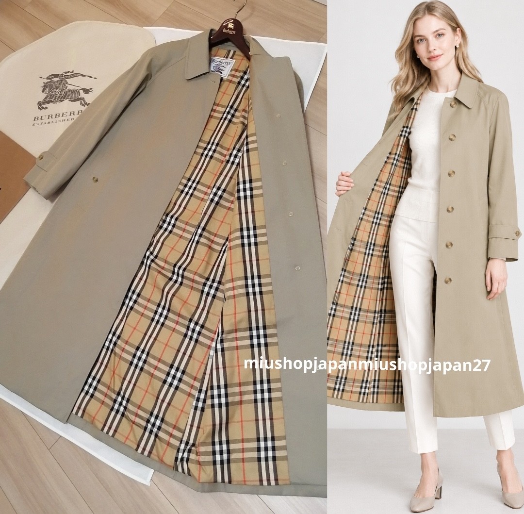 BURBERRY Trench Coat Authentic Vintage Balmacaan Long NovaCheck Khaki M/UK10/US8