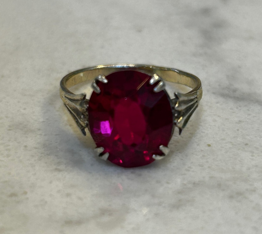 Vintage Silver Ring 875° in Gold Plated with Corundum from USSR Size 7