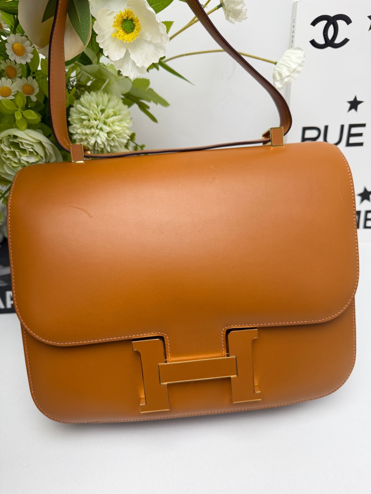 AUTH Hermes Constance 29 Brown Box Calf Leather Shoulder Handbag Tote