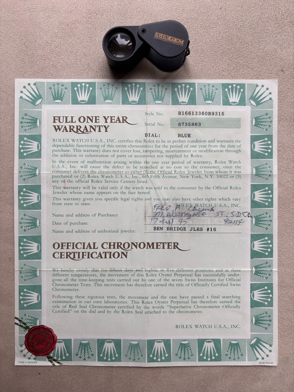 Vintage Collectible Rolex Submariner Watch Paperwork - Ref 16613 - C. 1994-2006