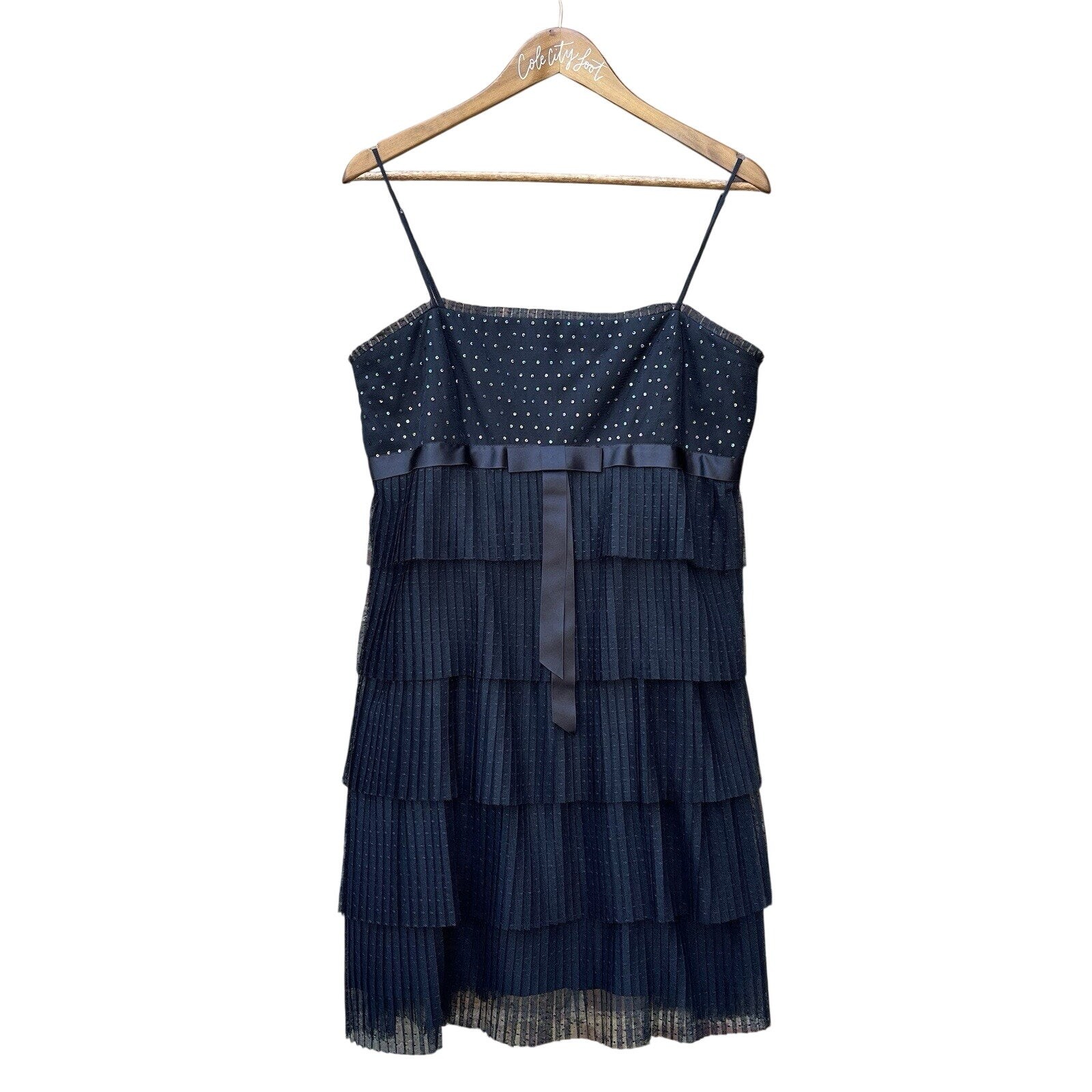 Vintage BCBGMaxAzaria Little Black Dress L Tiered Tulle Spaghetti Strap Ruffle