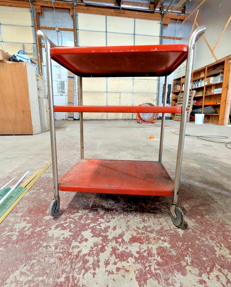 Vintage Cosco MCM 3-Tier Metal Rolling Kitchen Utility Bar Cart Red Chrome
