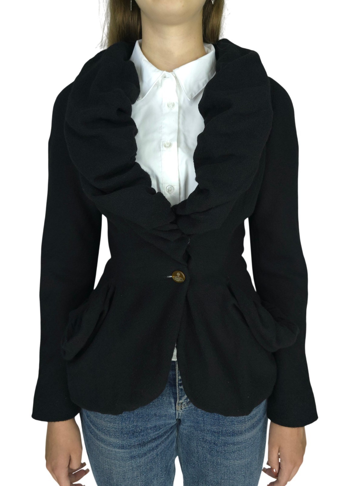 Y2K Vivienne Westwood Red Label Black Wool Draped Ruffle Collar Jacket IT 42 XS