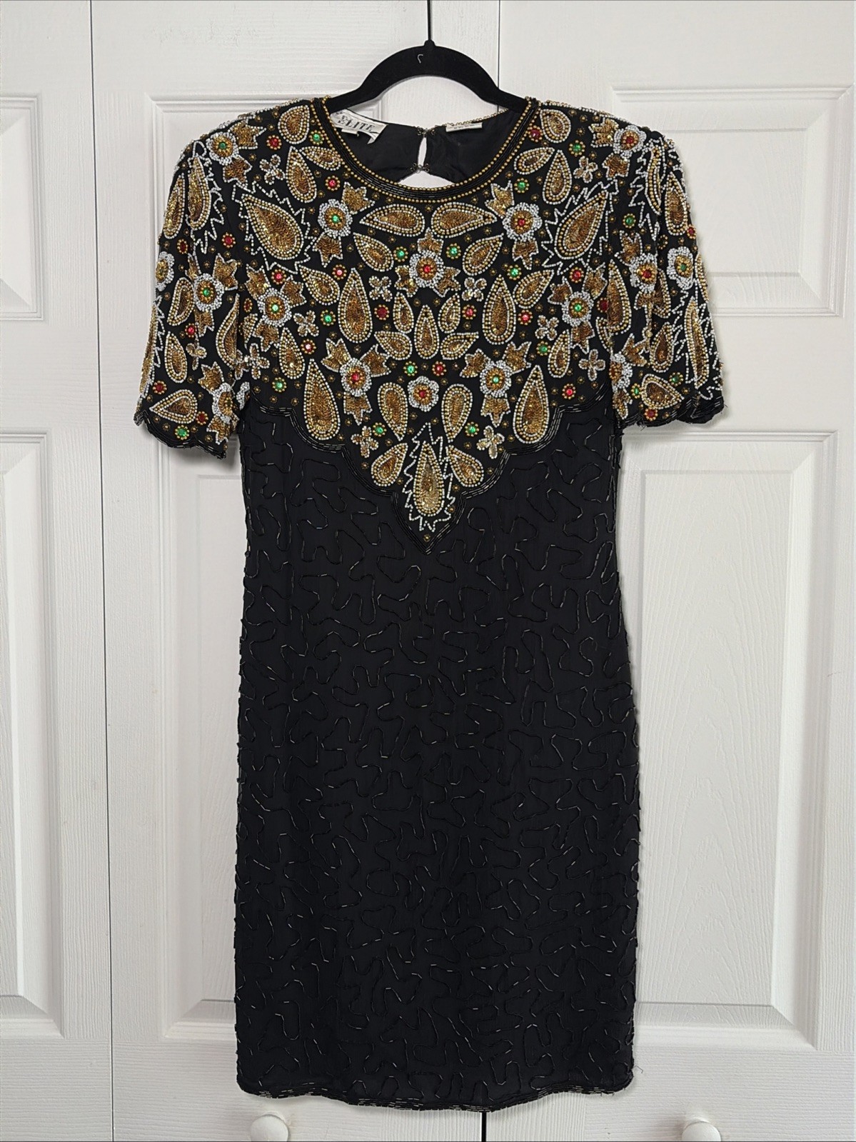 Elite Beaded Silk Paisley Mini Dress Womens Black Vintage Cocktail Size 6 Event