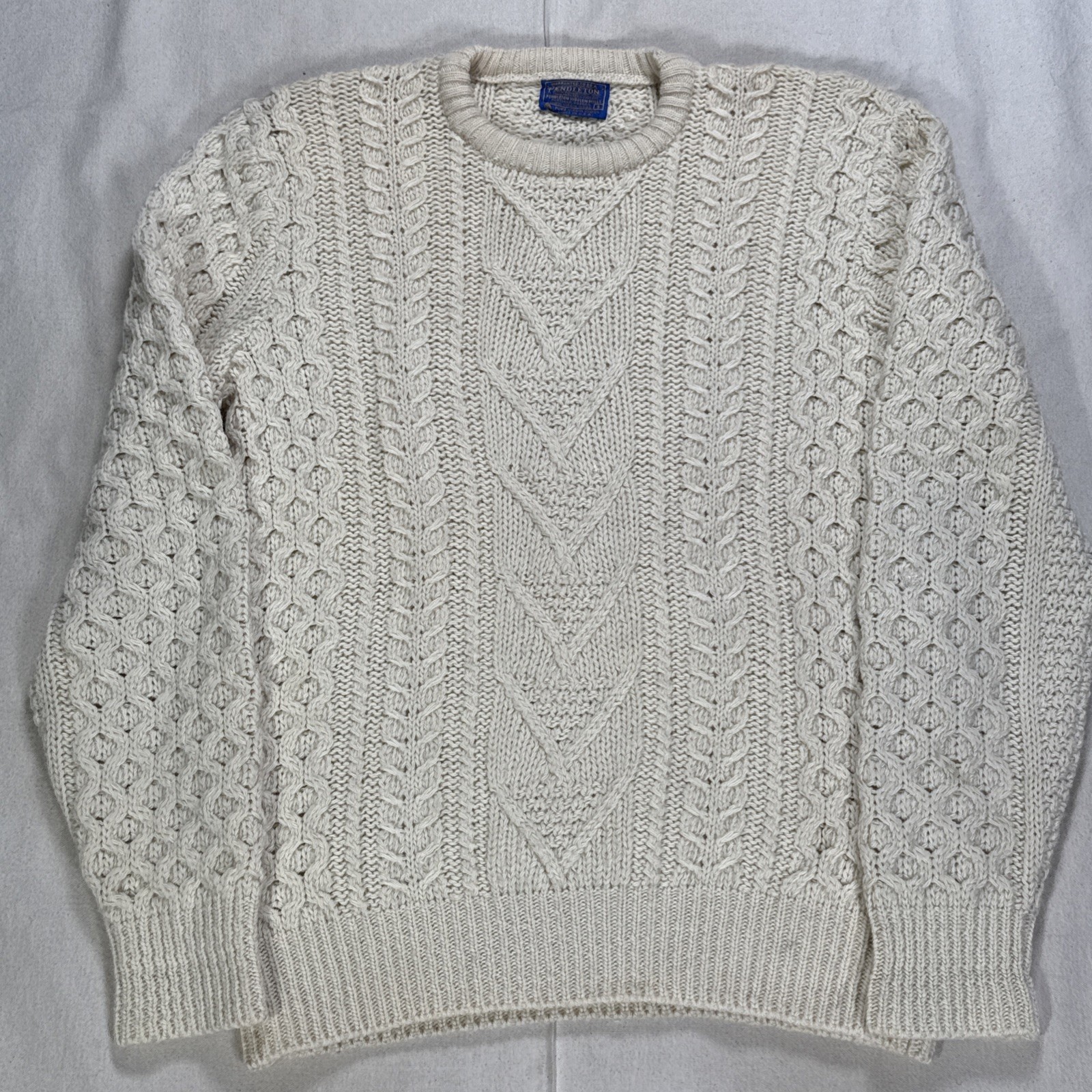Vintage Pendleton Wool Fisherman Cable Knit Sweater Ivory Made in USA Sz Sm