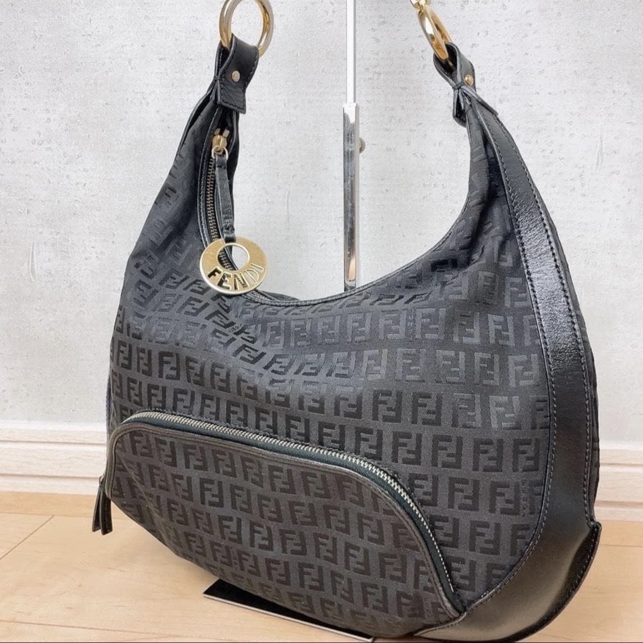 FENDI Zucchino Canvas Hobo Shoulder Bag Black Gold Logo Charm Crescent Vintage