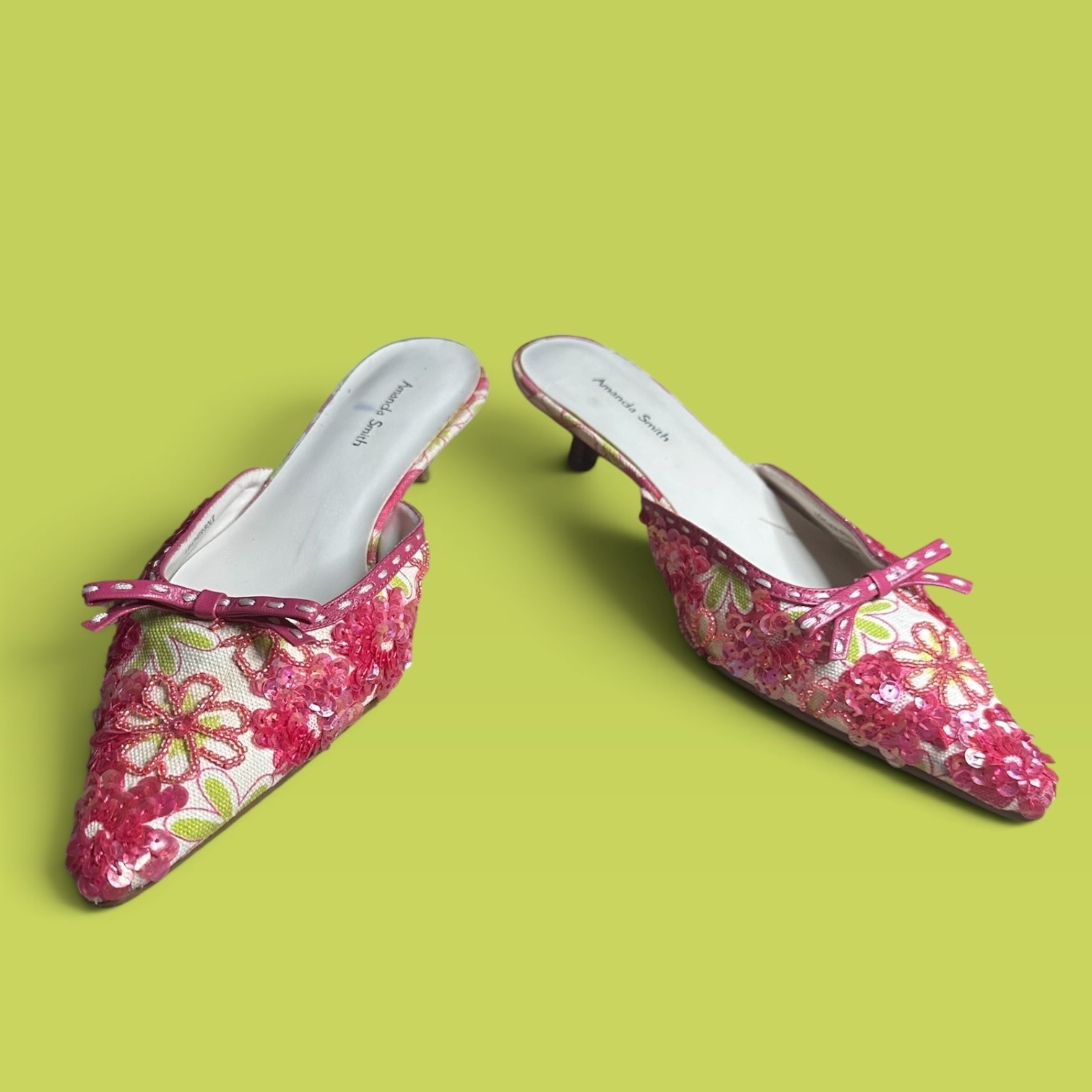 Vintage Y2K Amanda Smith Sequin Floral Kitten Heel Mules Pink Green 6.5M