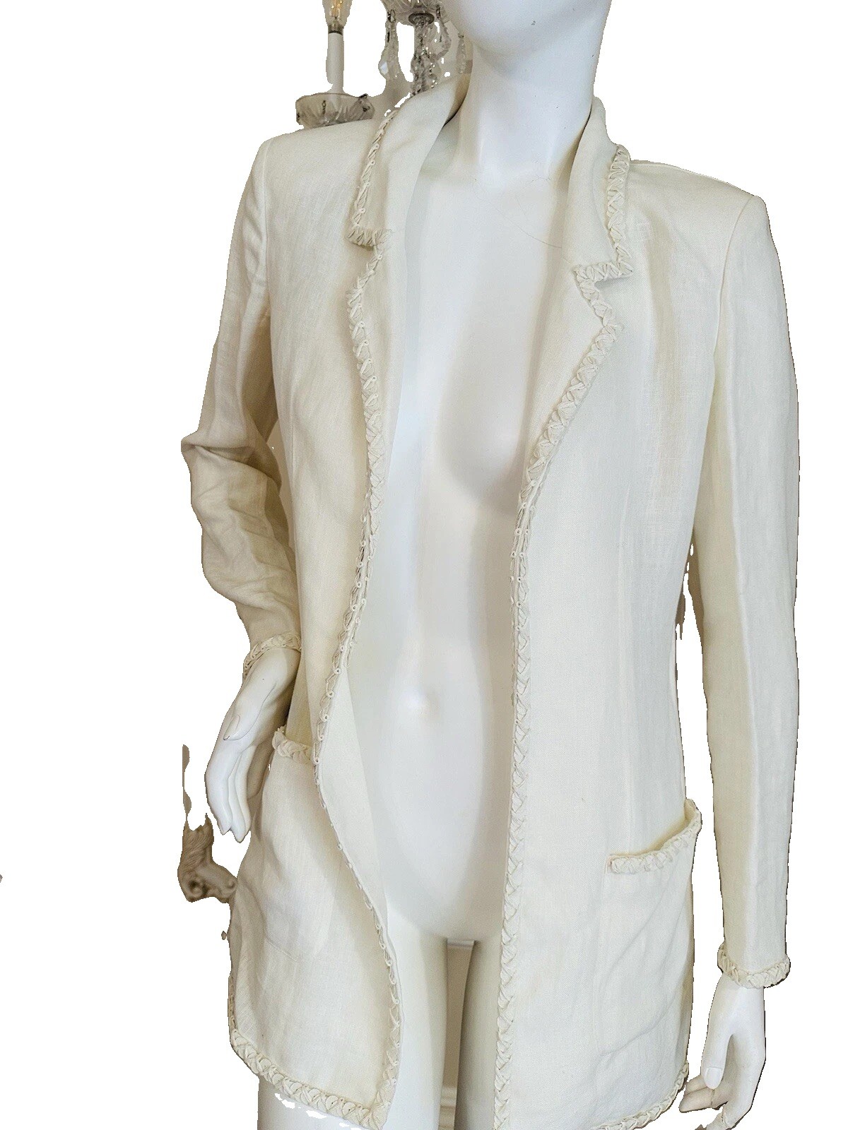 CHANEL Vintage Cream Linen Open Front Blazer Jacket Braided Trim Pockets EU36