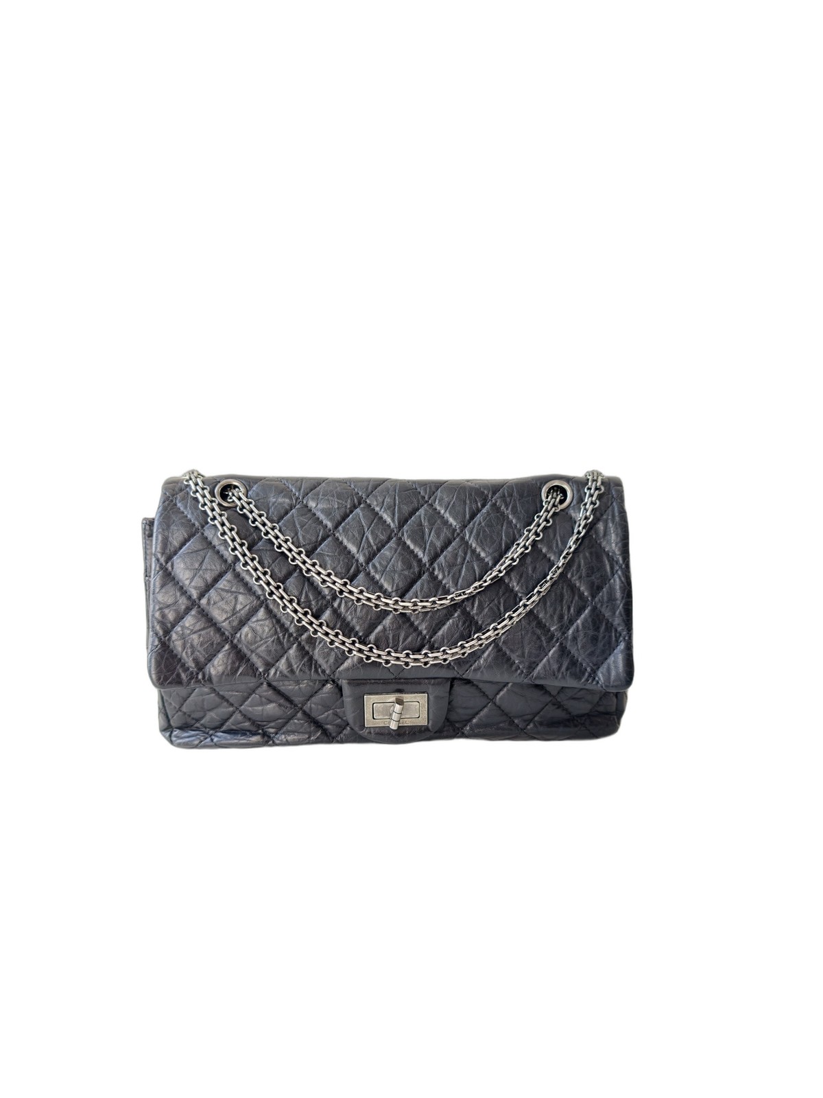 Chanel 2.55 Reissue Black Quilted Calfskin Silver Chain Double Flap Bag
