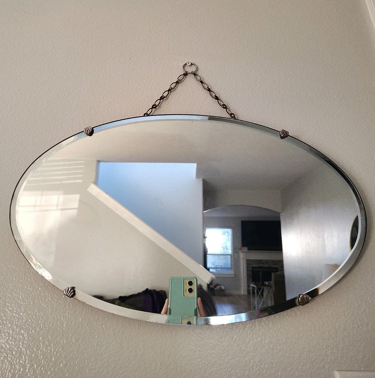 Antique Art Deco 1930's Oval Wall Mirror with Beveled Edges And Hanging Chain