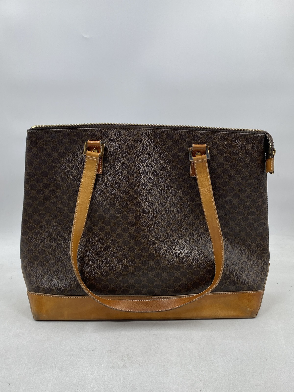 Vintage Celine Brown Macadam Canvas Tote Bag Leather Trim Gold Hardware