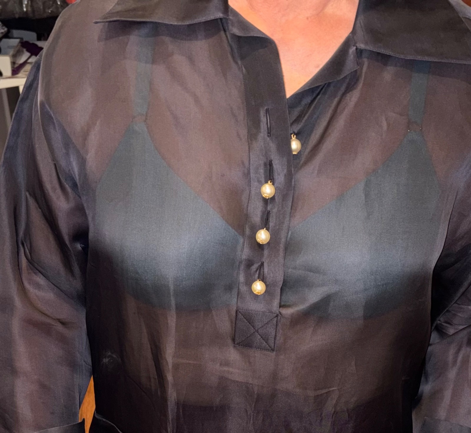 Vintage CHANEL Black Sheer w Collar Long Sleeve  Blouse Pearl Buttons w CC Logo