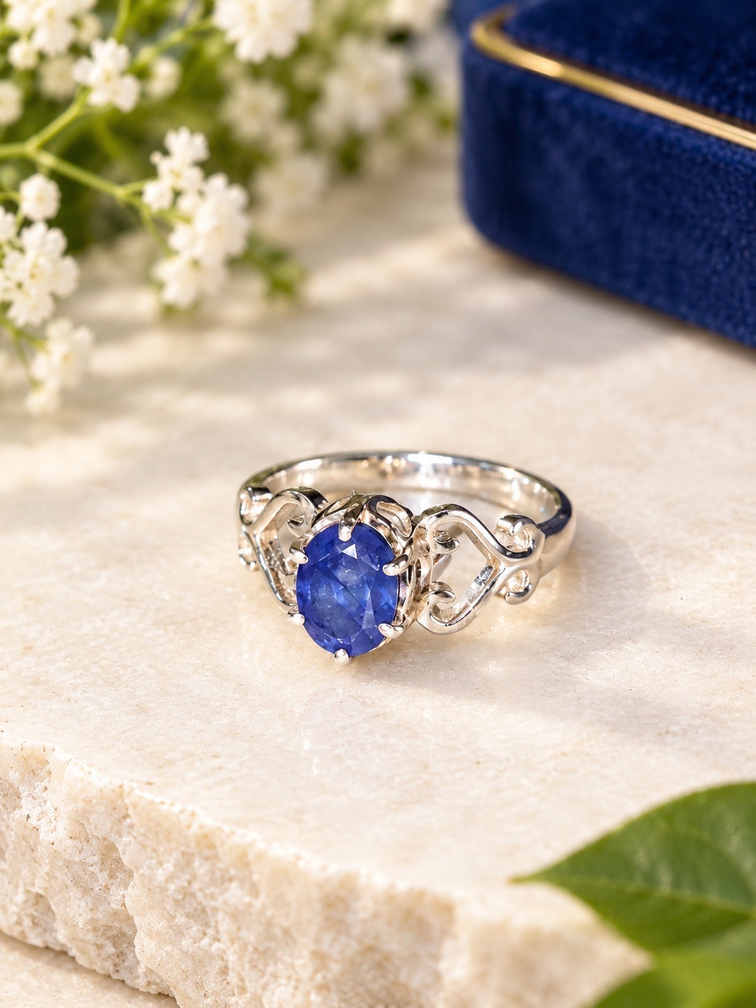 Handcrafted Silver Filigree Ring with Oval Blue Sapphire,Sterling Silver Vintage