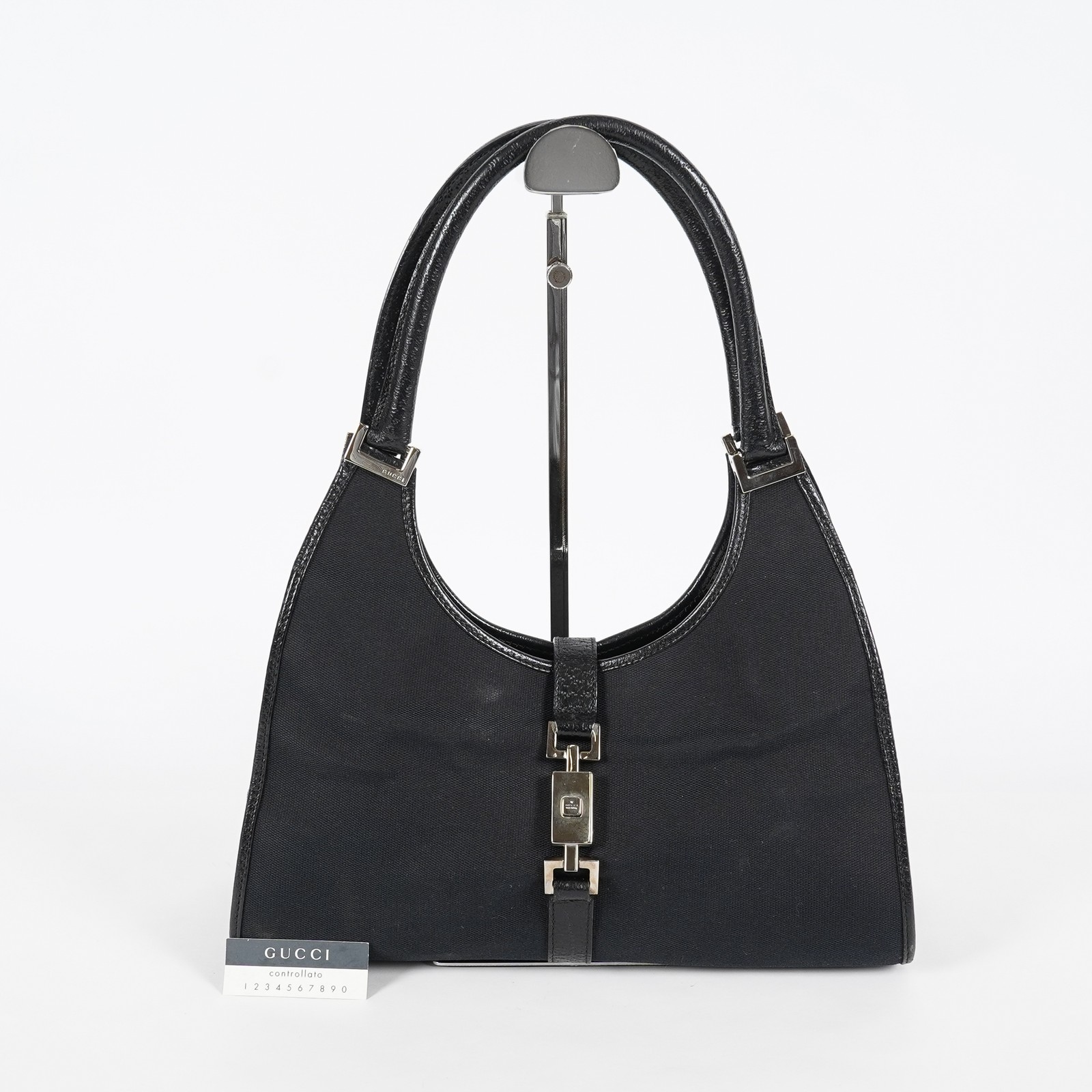 Gucci Jackie Vintage Handbag Shoulder Bag 30cm Black Canvas Leather 07E153190009