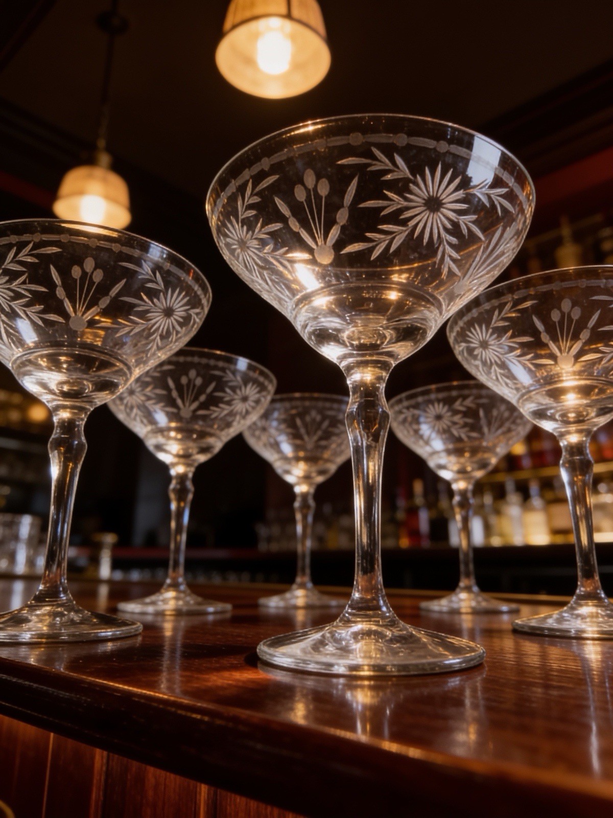 Vintage Etched Crystal Cocktail Glasses Set of 7 Floral 5.75” Stemware