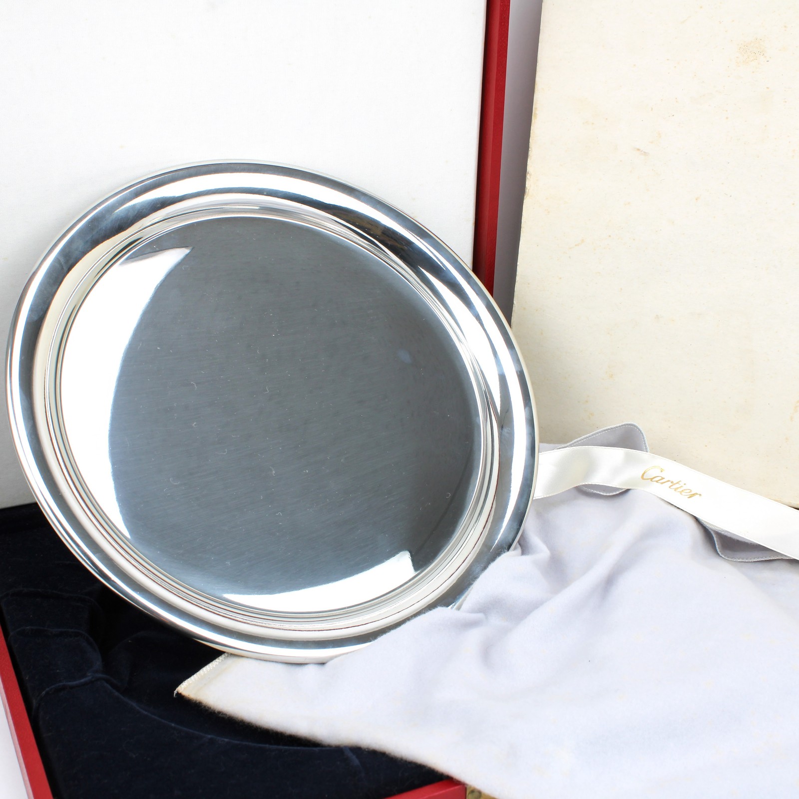 Vintage Cartier Pewter 11 Inch Serving Tray with Box and Felt Dust Bag #M1528