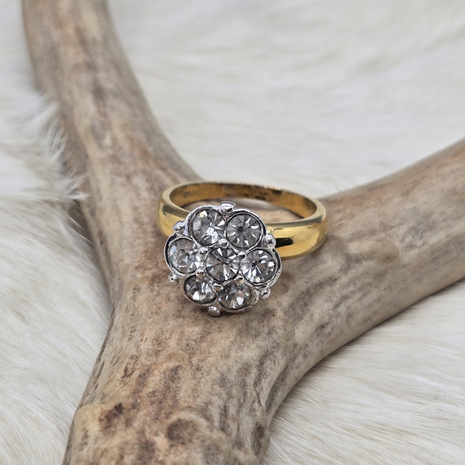 Vtg Edwardian style 18k HGE Round Stones Goldtone Cluster sz 8.75 Cocktail Ring