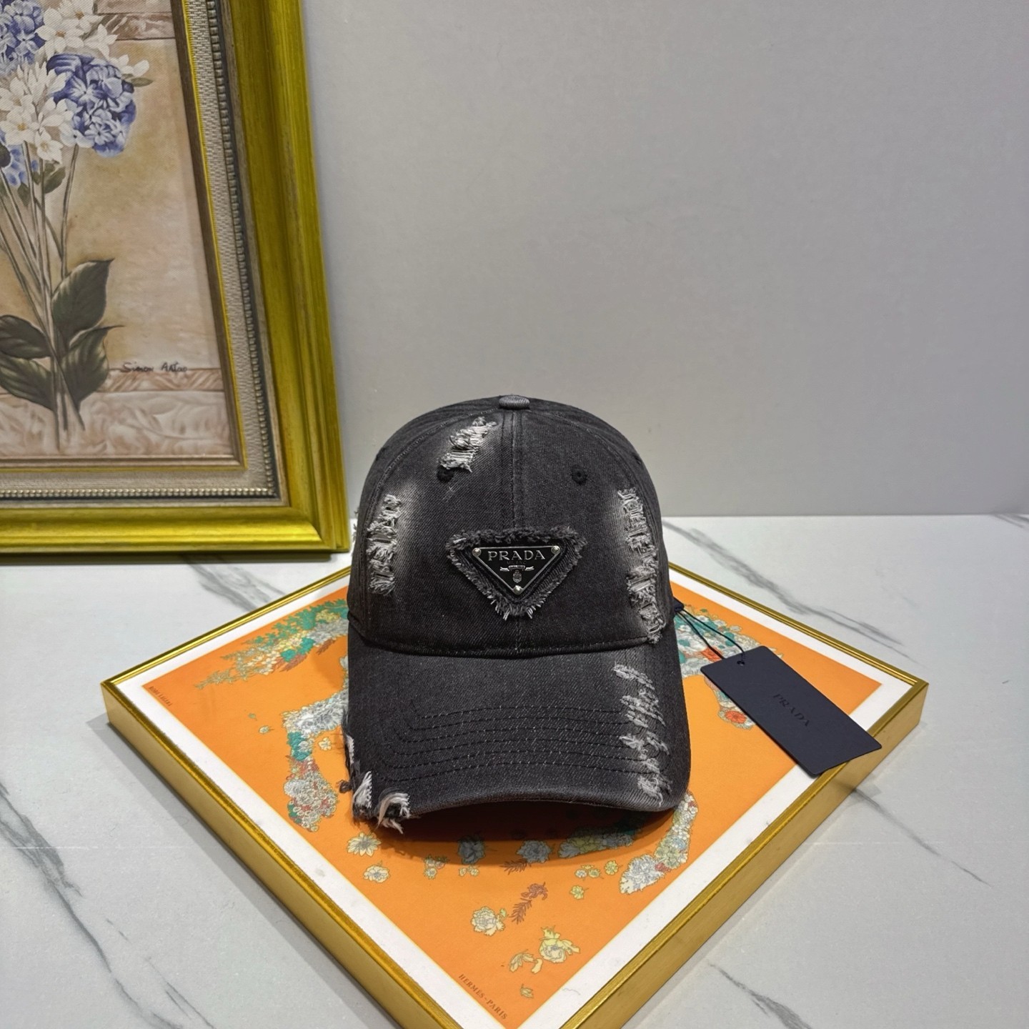 Prada Vintage Distressed Denim Hat Adjustable Strap Triangle Logo Cap