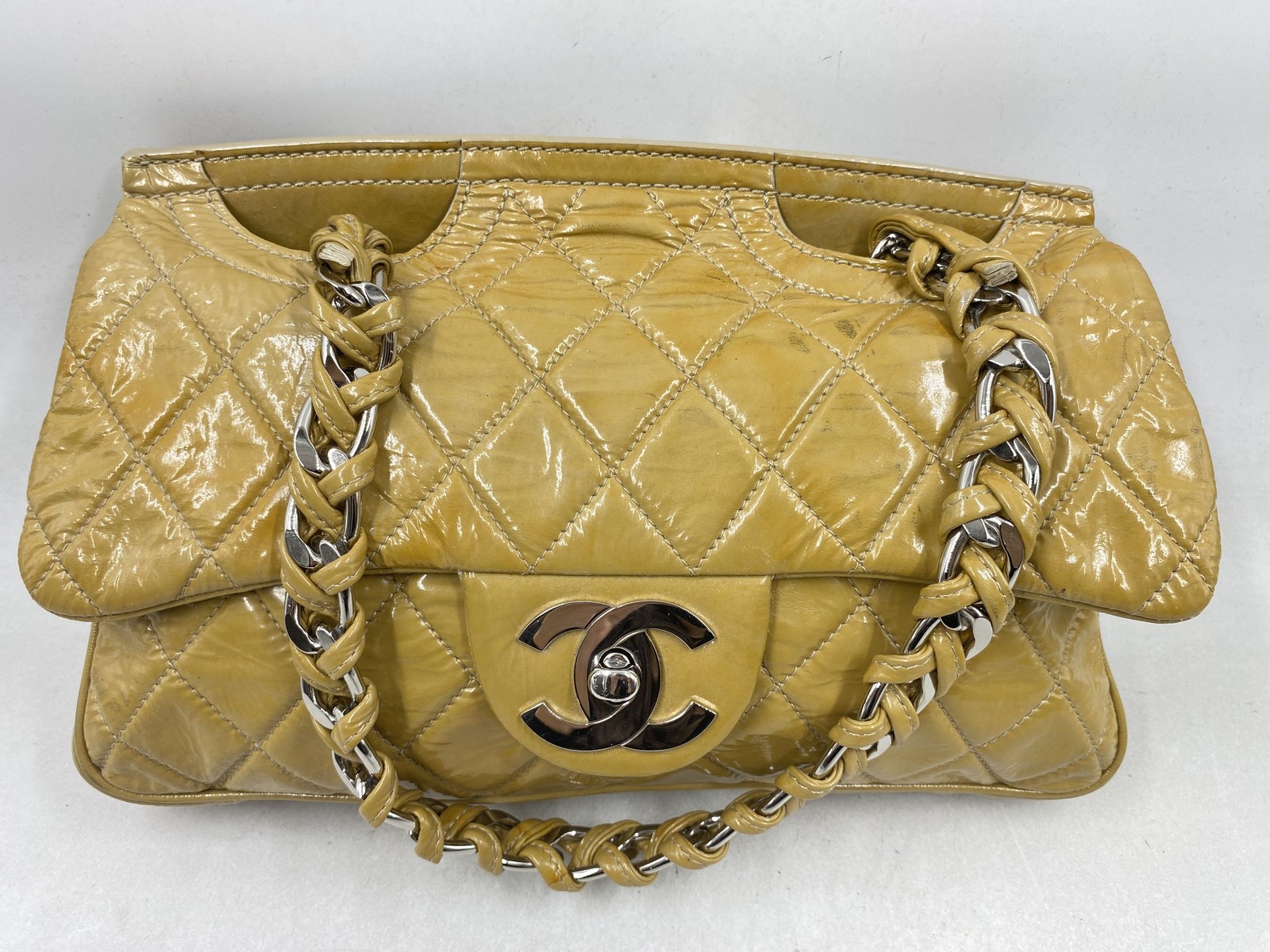 Vintage Chanel Yellow Quilted Patent Leather Classic Flap Bag Silver Hardware
