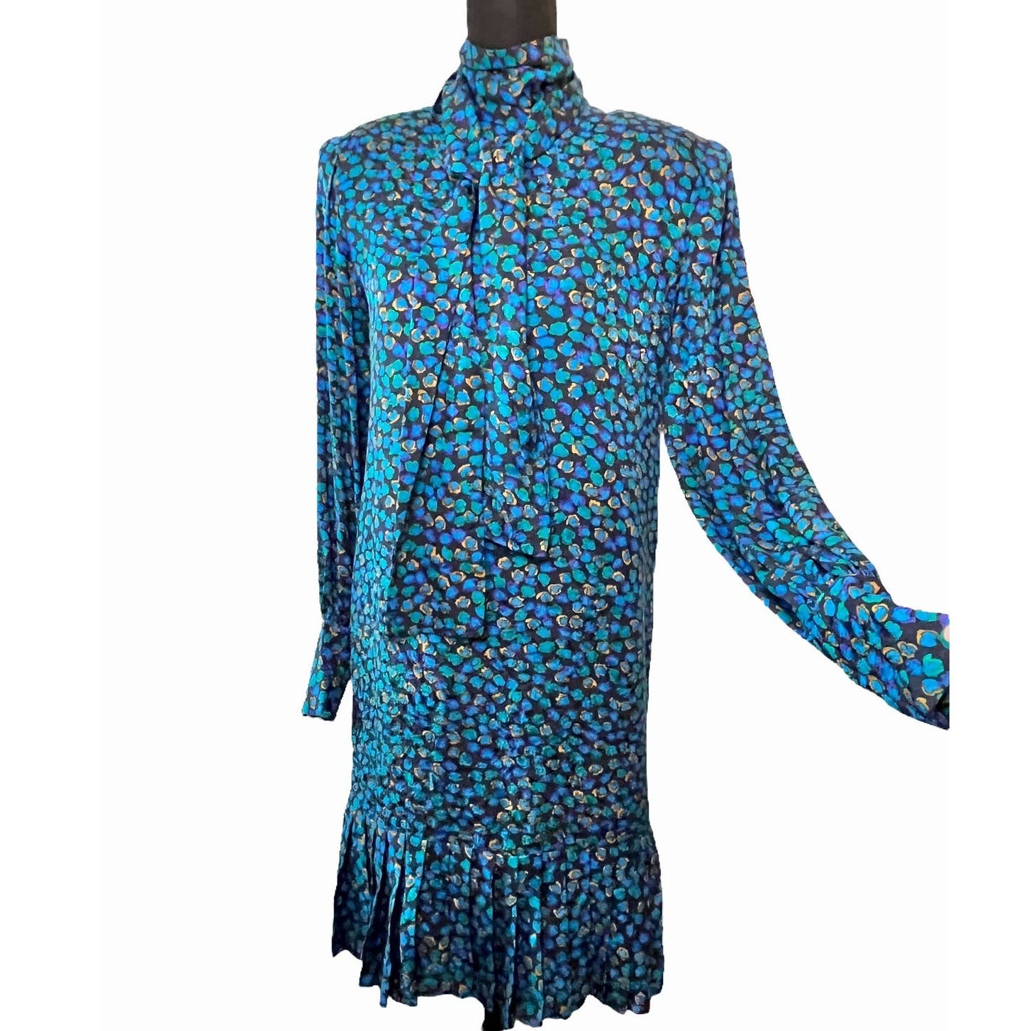 Vintage Rare Silk Pleated Mini Dress Blue Green STANLEY PLATOS Size 10