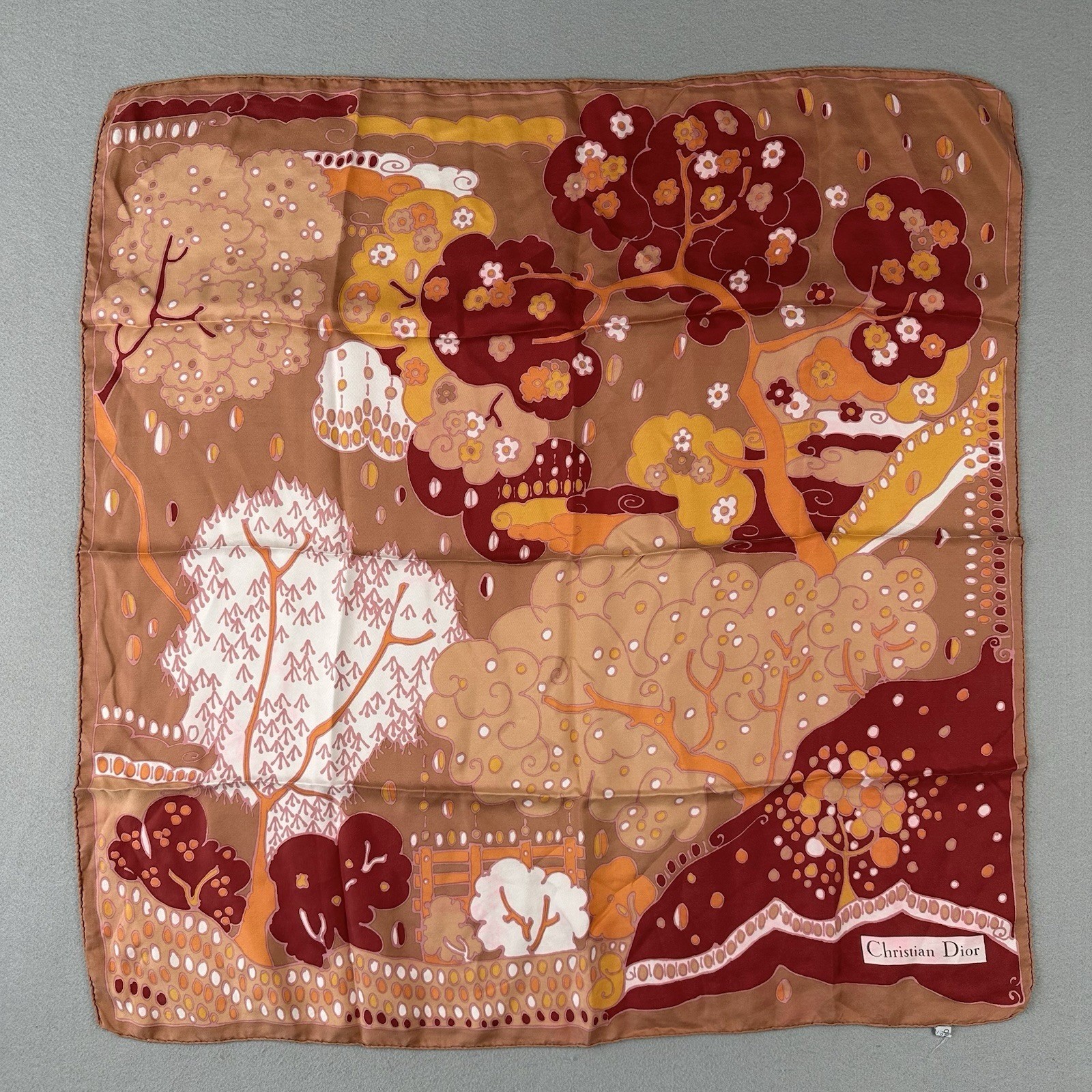 Vintage Christian Dior Silk Scarf 28.5x30 Orange Floral Tree Landscape