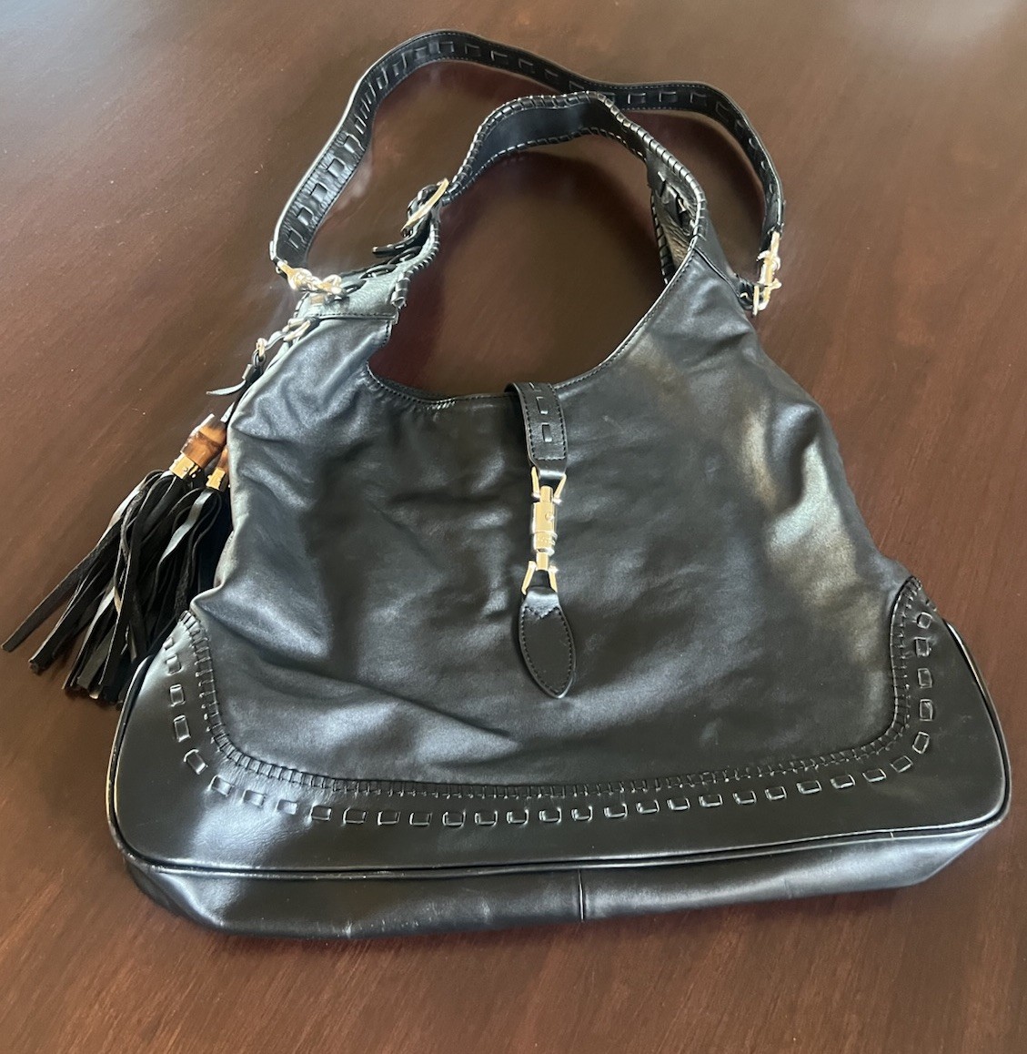 Gucci Black Leather “New Jackie” Bamboo Tassel Hobo Shoulder Bag. Authentic!
