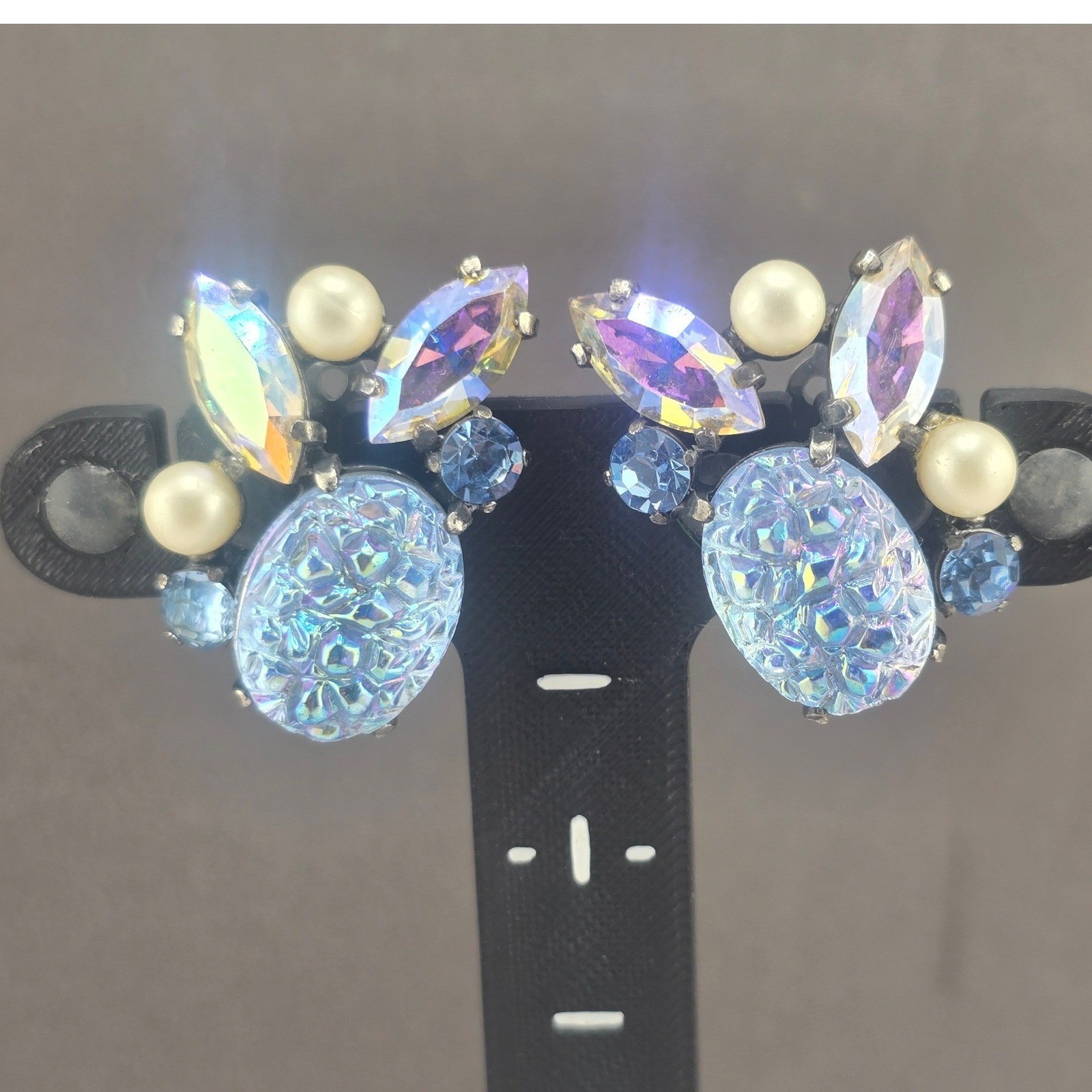 Vintage Elsa Schiaparelli Earrings Blue Aurora Borealis Faux Pearl Clip On