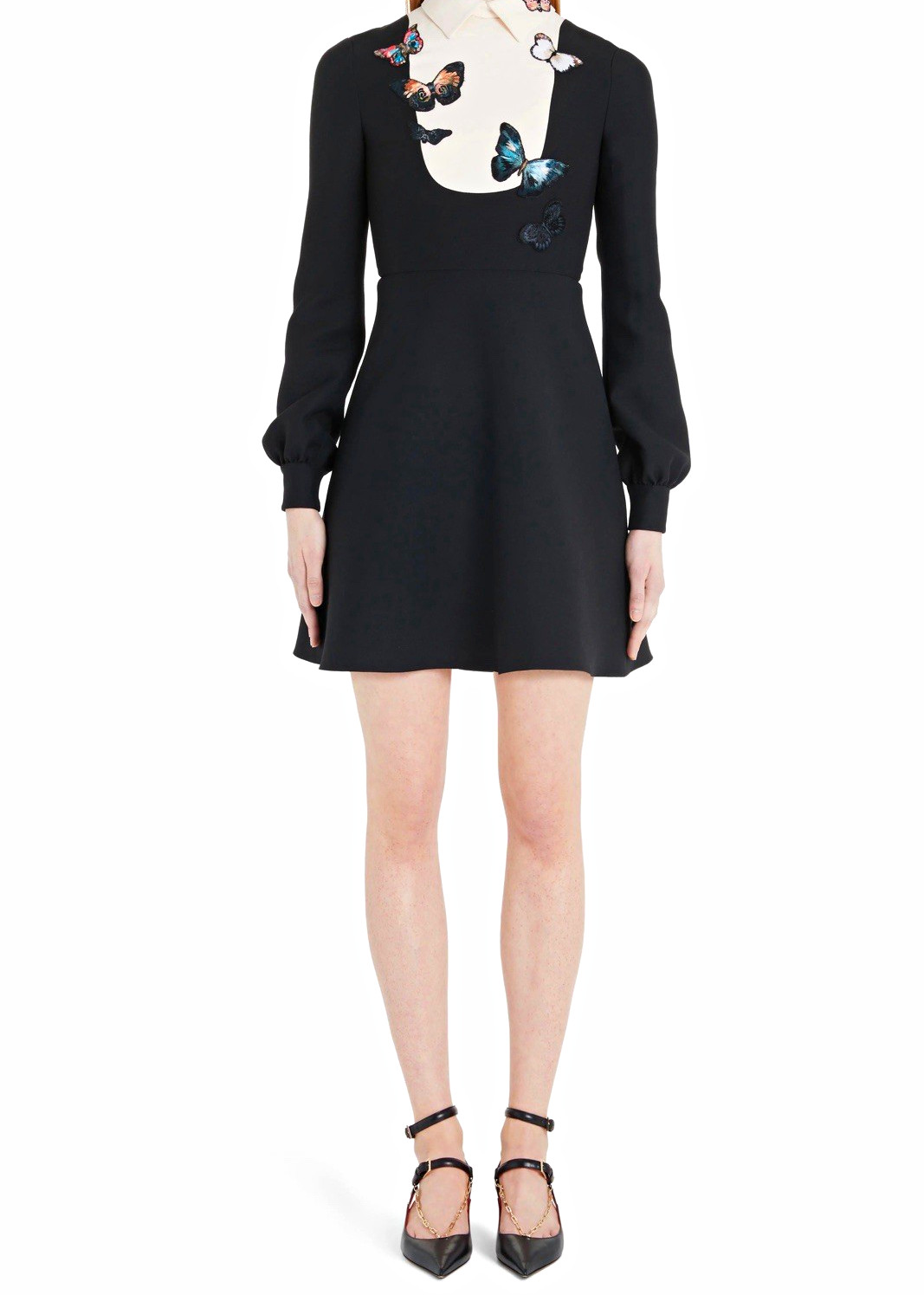 Valentino Black A-Line Dress White Bib Butterfly Embroidery IT 40 - NEW w/ TAGS