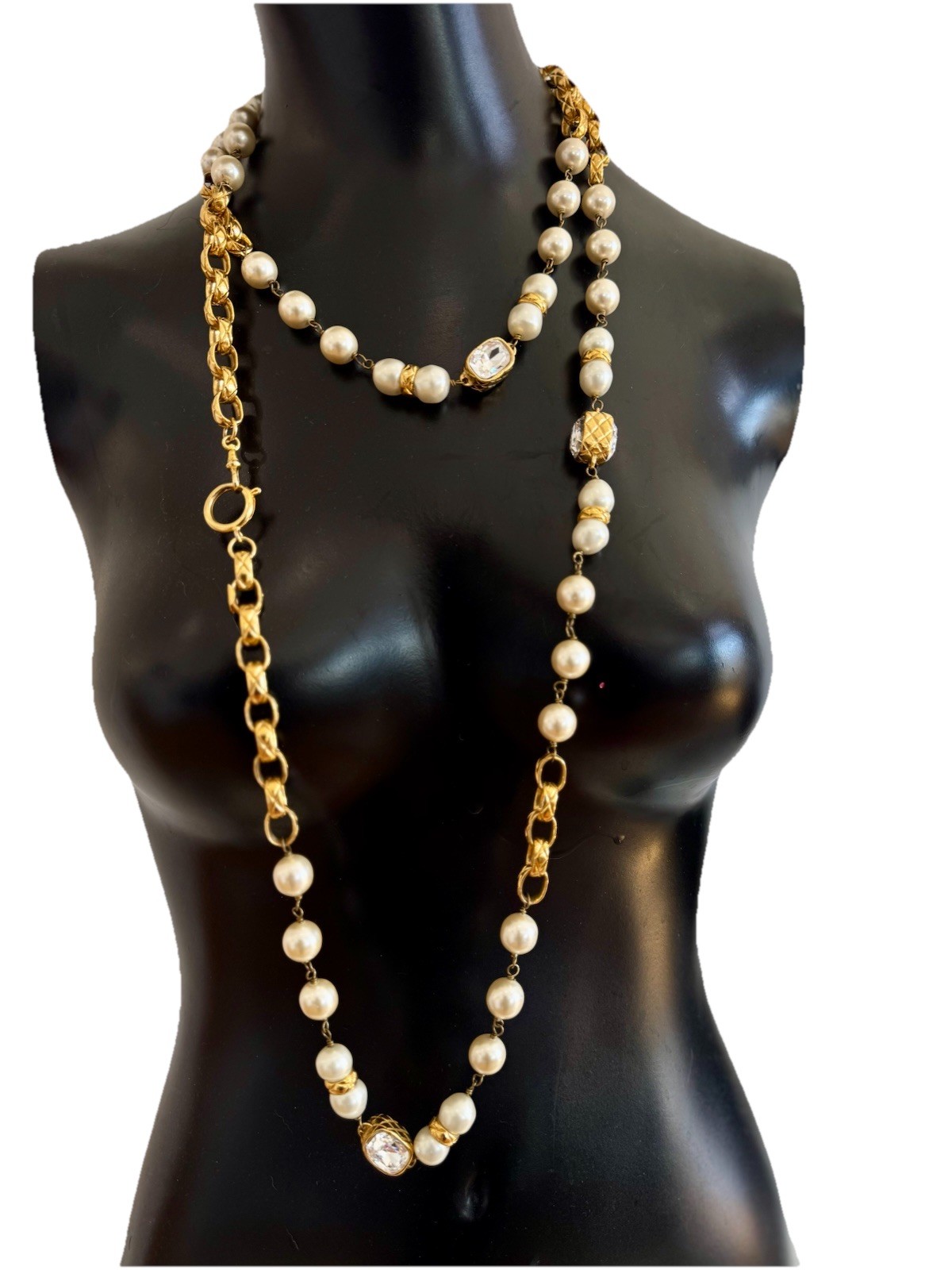 Chanel 60” Faux Pearl Crystal Sautoir Necklace Gold Tone Long Chain CC Vintage