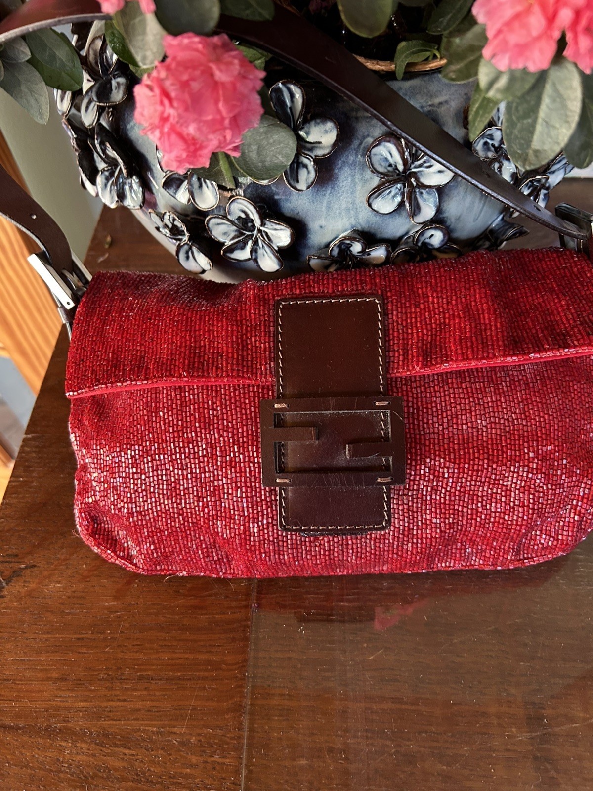 Vintage Fendi Red Beaded Baguette Bag new wo tags