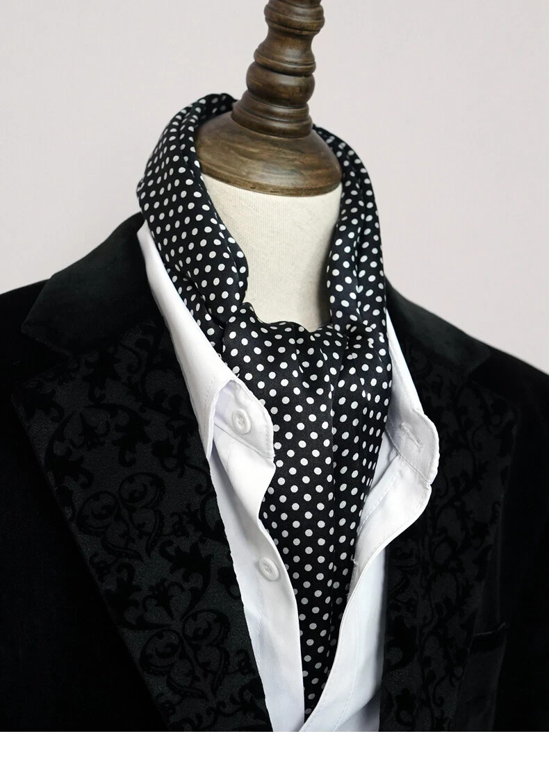 Mens 100 Silk Scarf Vintage Black Polka Dot Double Layer Long Neckerchief Wrap