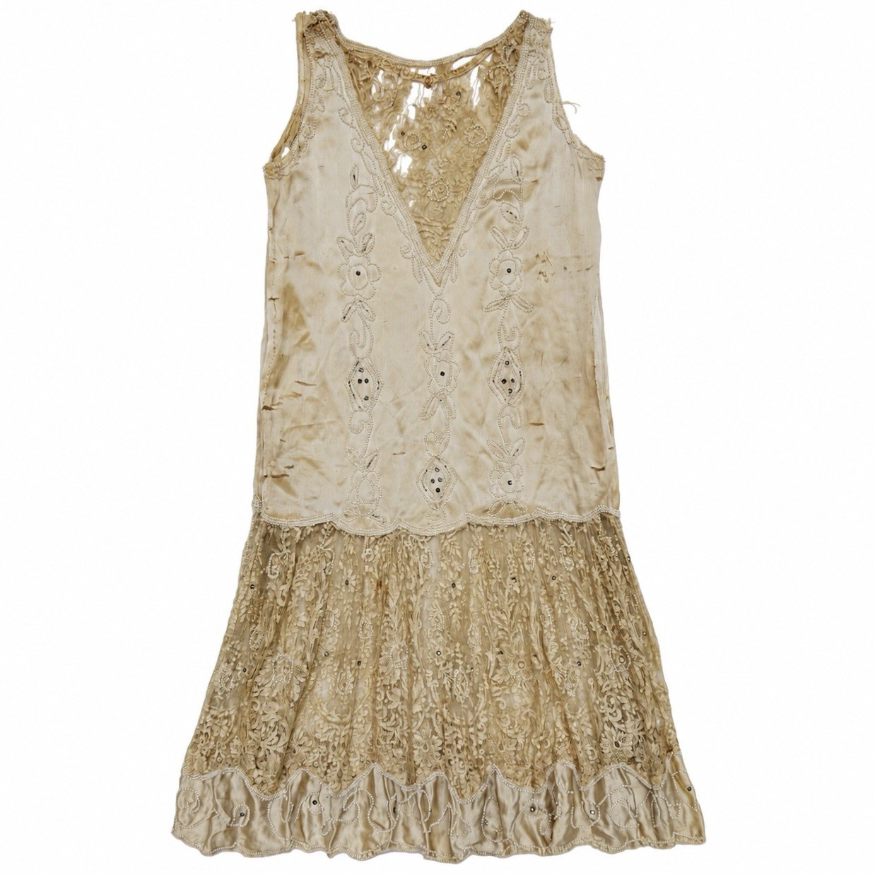 Antique 1920s Flapper Dress Ivory Silk Lace Beaded Rhinestone Art Deco AS IS