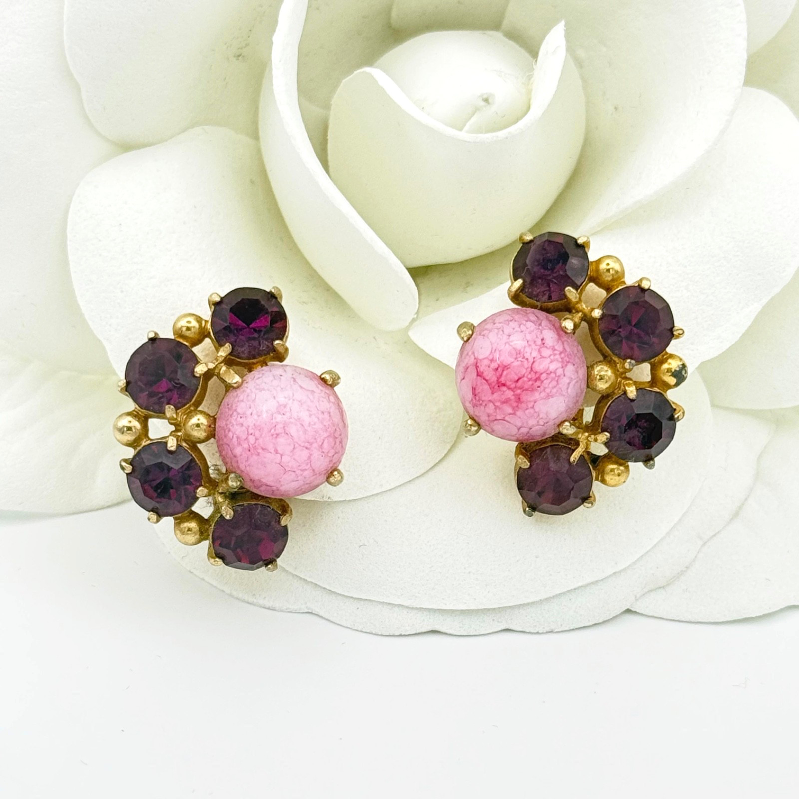 Vintage Elsa Schiaparelli Rhinestone Gumdrop Earrings Pink Purple READ
