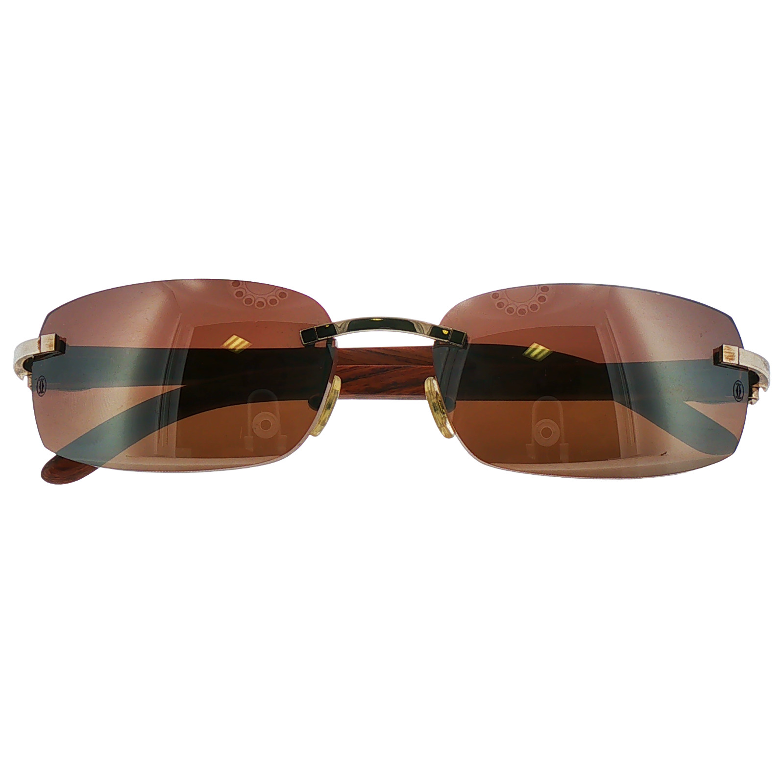 Vintage Cartier Rimless Sunglasses, Mod CTT02285 Wooden Temple Brown Lens